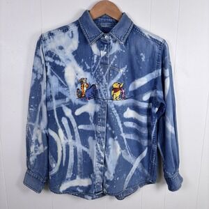 VTG Disney Denim Embroidered Pooh & Friends Bleached Button Down Shirt Medium‎